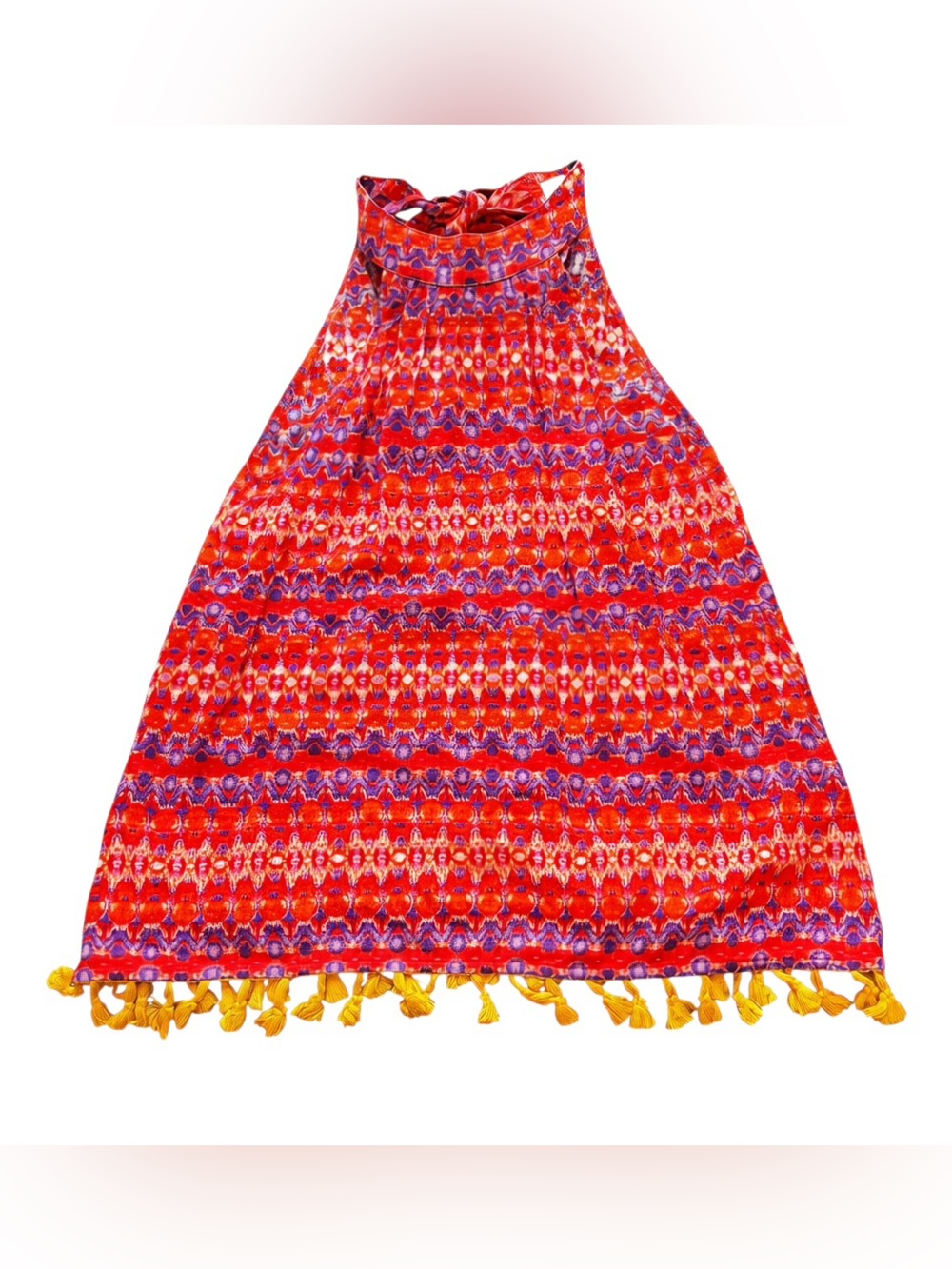 THML Boho Anthropologie Smocked Top Ikat Print Tassel Trim Festival Concert XS